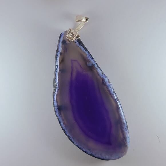 Purple Agate Slice Pendant 2.25" Polished Teardrop Necklace Sterling Bail - Picture 8 of 9